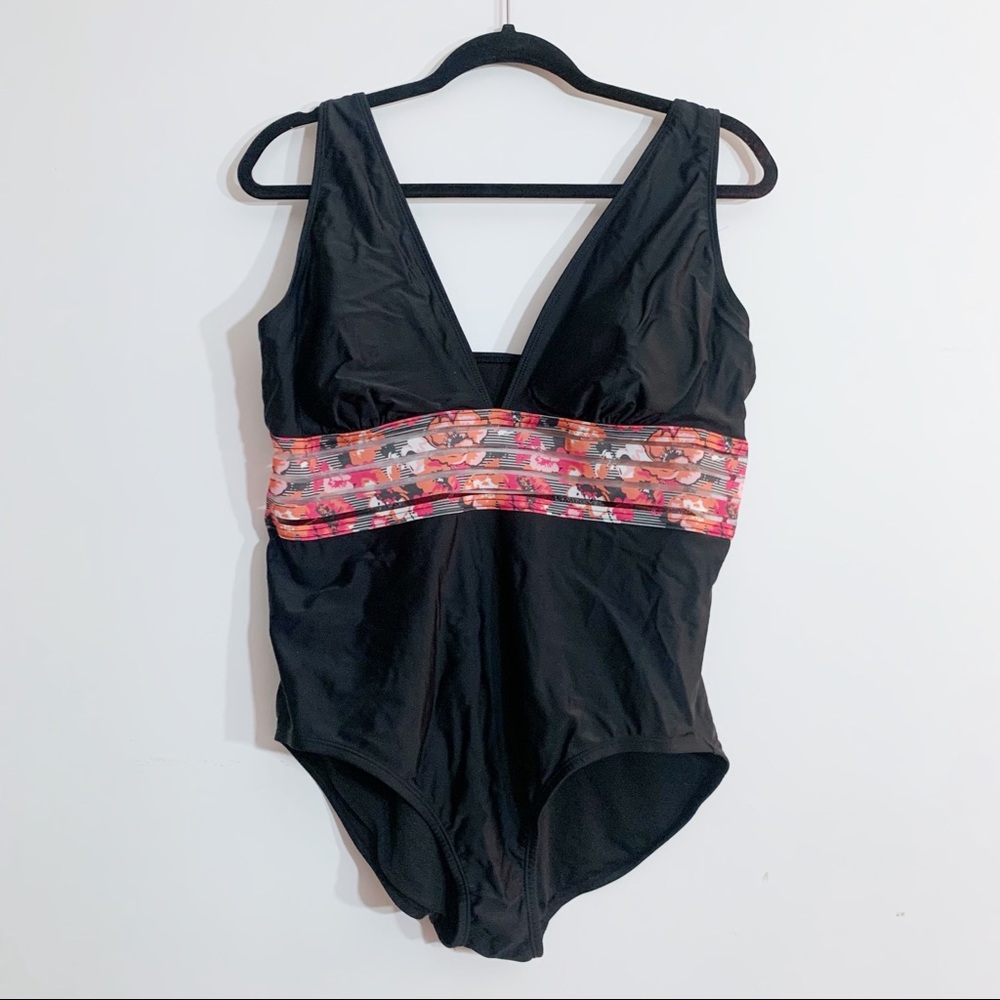 Time and Tru Black Floral Waist One Piece Swimsuit XL 16-18